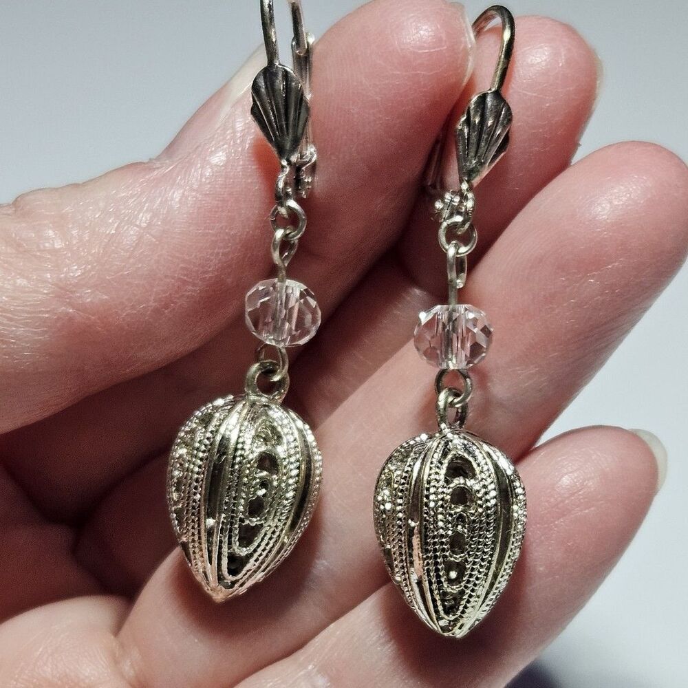 Silver Tone Dangling Filigree Bead And Glass Bead Earrings